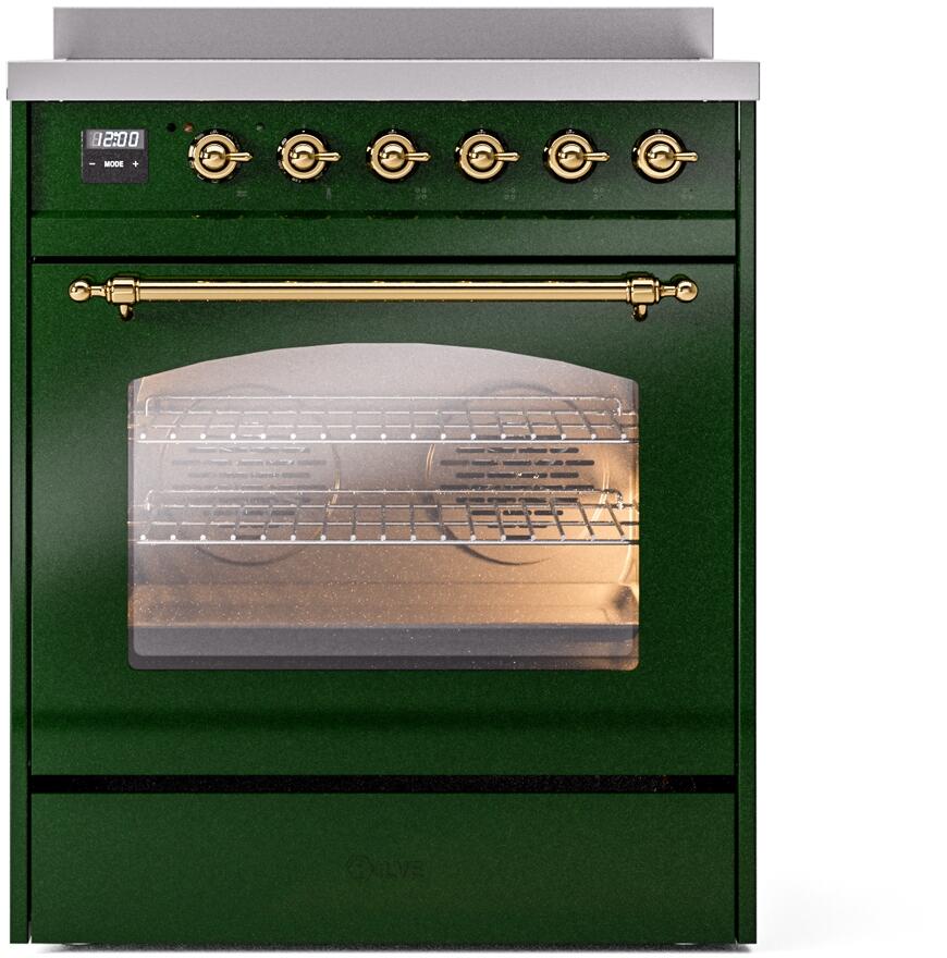 ILVE Nostalgie II 30-Inch Electric Induction Range, Freestanding, Emerald Green with Brass Trim (UPI304NMPEGG)