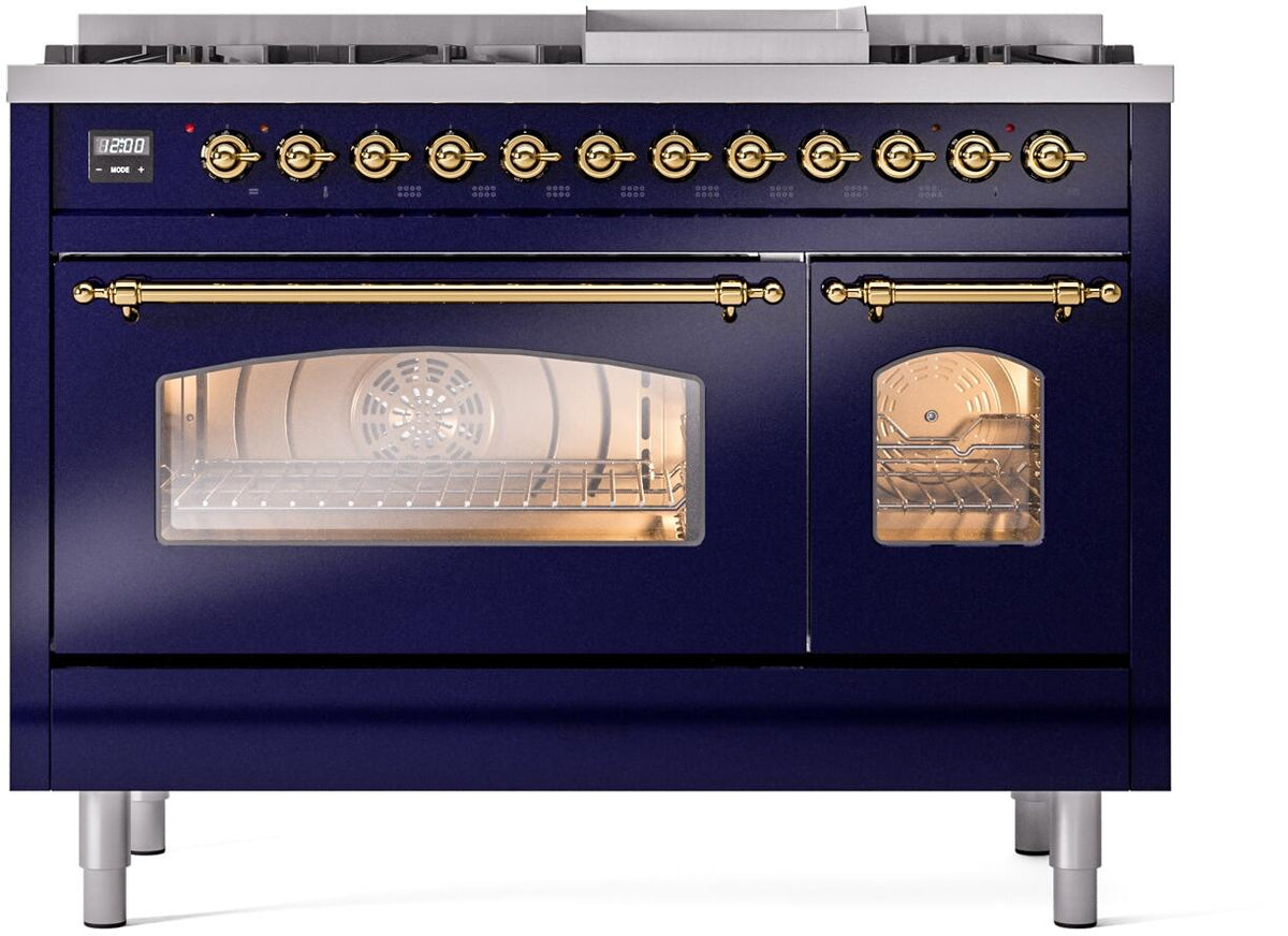 ILVE Nostalgie II 48-Inch Freestanding Dual Fuel Range, Midnight Blue with Brass Trim (UP48FNMPMBGLP)