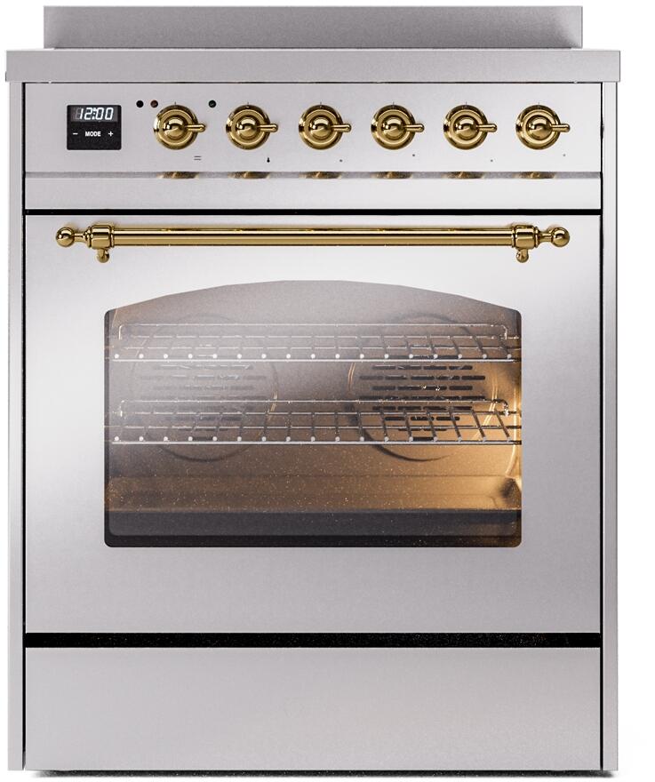 ILVE Nostalgie II 30-Inch Electric Induction Range, Freestanding, Stainless Steel with Brass Trim (UPI304NMPSSG)