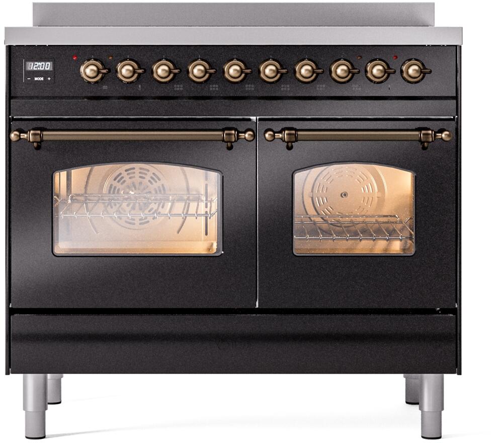 ILVE Nostalgie II 40-Inch Freestanding Electric Induction Range, Glossy Black with Burnished Bronze Trim (UPDI406NMPBKB)