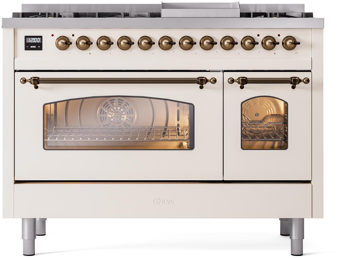 ILVE Nostalgie II 48-Inch Freestanding Natural Gas Dual Fuel Range, Antique White with Burnished Bronze Trim (UP48FNMPAWB)