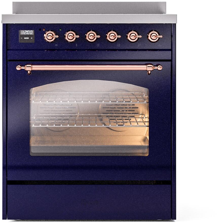 ILVE Nostalgie II 30-Inch Electric Induction Range, Freestanding, Midnight Blue with Copper Trim (UPI304NMPMBP)