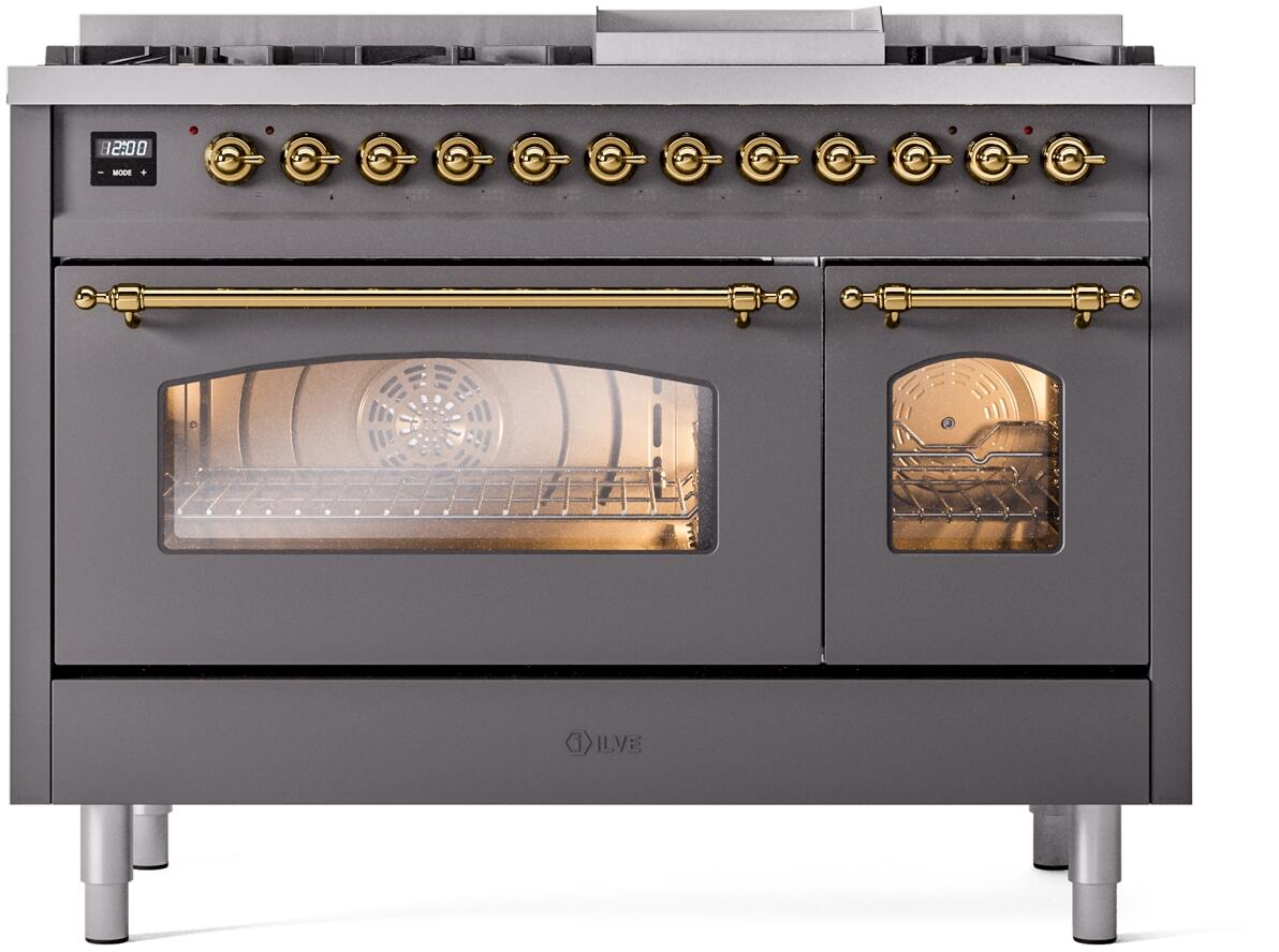 ILVE Nostalgie II 48-Inch Freestanding Dual Fuel Range, Matte Graphite with Brass Trim (UP48FNMPMGGLP)