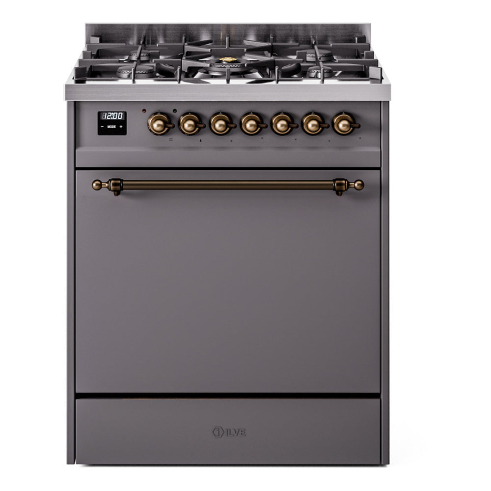 ILVE Nostalgie II 30-Inch Natural Gas Dual Fuel Range, Solid Door Oven, Matte Graphite with Burnished Bronze Trim (UP30QNMPMGB)