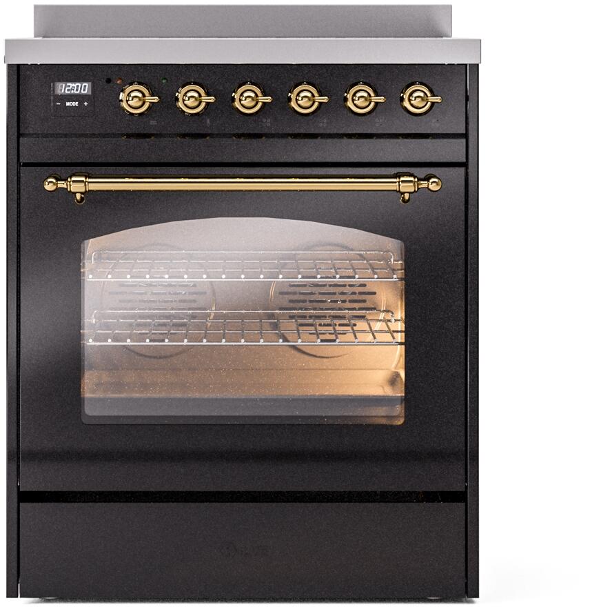 ILVE Nostalgie II 30-Inch Electric Induction Range, Freestanding, Glossy Black with Brass Trim (UPI304NMPBKG)