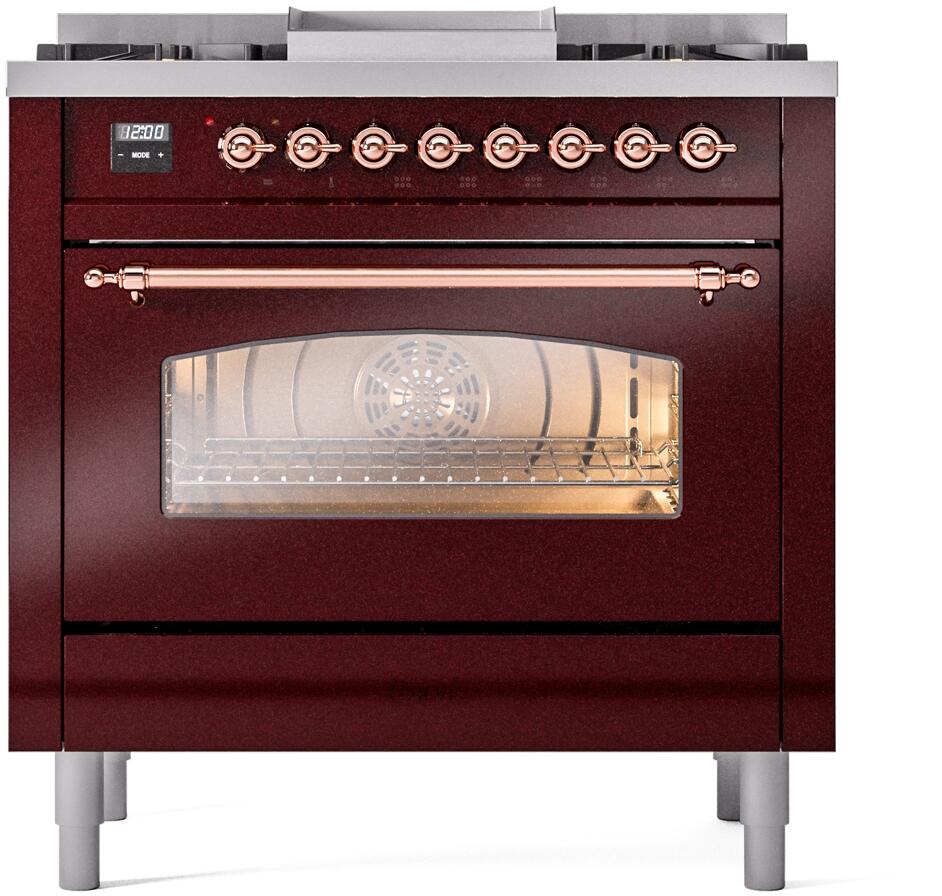ILVE Nostalgie II 36-Inch Freestanding Natural Gas Dual Fuel Range, Burgundy with Copper Trim (UP36FNMPBUP)