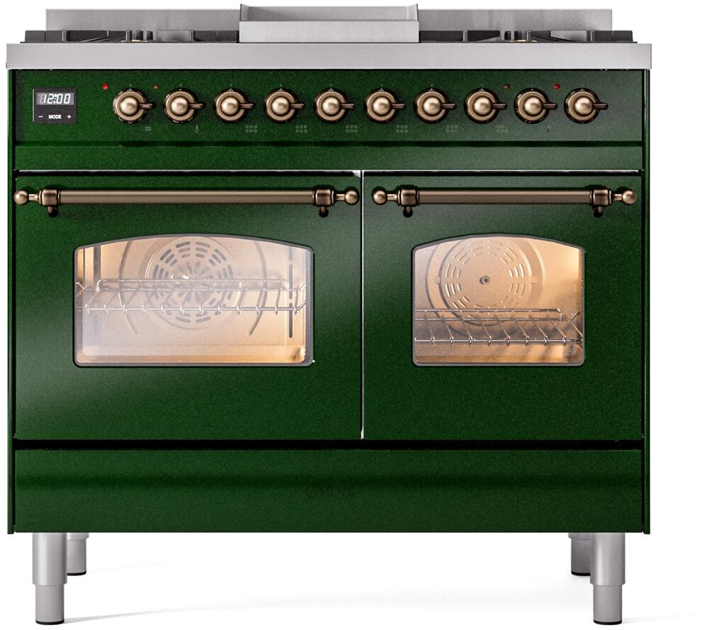 ILVE Nostalgie II 40-Inch Freestanding Dual Fuel Range, Emerald Green with Burnished Bronze Trim (UPD40FNMPEGBLP)