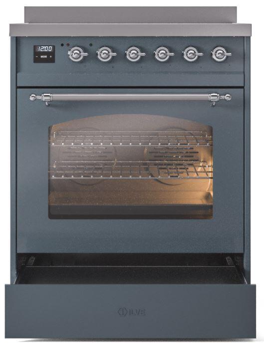 ILVE Nostalgie II 30-Inch Electric Induction Range, Freestanding, Blue Grey with Chrome Trim (UPI304NMPBGC)