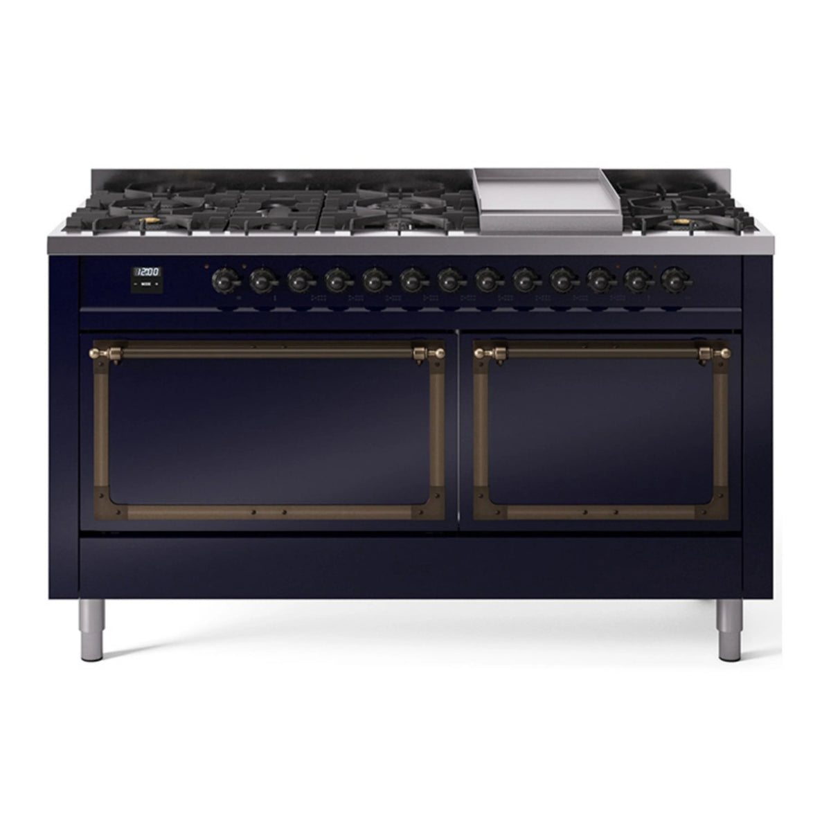 ILVE Nostalgie II Noblesse 60-Inch Natural Gas Dual Fuel Range, 9 Burners, Solid Door Oven, Midnight Blue with Bronze Trim (UN60FQNMPMBB)