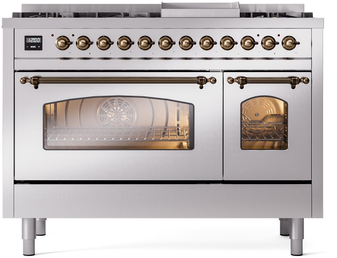 ILVE Nostalgie II 48-Inch Freestanding Natural Gas Dual Fuel Range, Stainless Steel with Burnished Bronze Trim (UP48FNMPSSB)