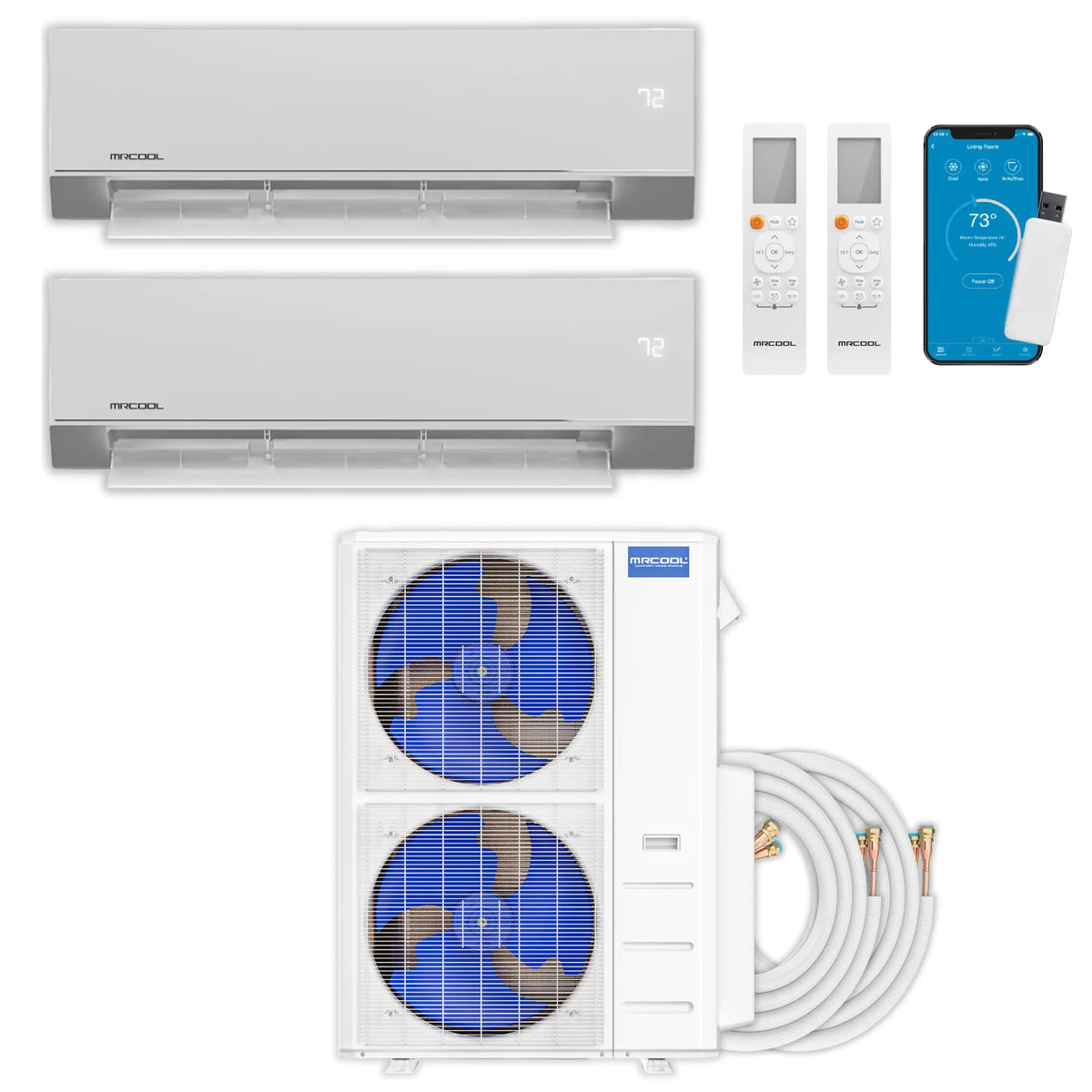 MRCOOL Olympus 4th Gen Mini Split - 2-Zone 48,000 BTU Air Conditioner and Heat Pump Condenser with 24K + 12K Wall Mount Air Handlers