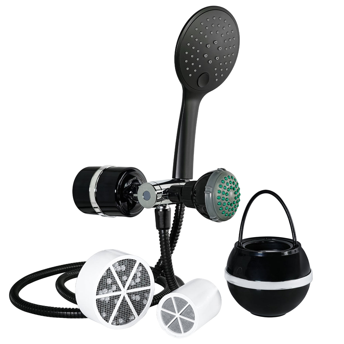 Crystal Quest 2-in-1 Combo Shower Filter and Bath Ball Bundle, Handheld and Shower Head, White, Black or Chrome