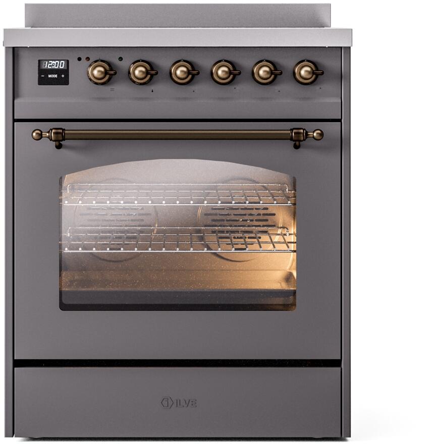 ILVE Nostalgie II 30-Inch Electric Induction Range, Freestanding, Matte Graphite with Burnished Bronze Trim (UPI304NMPMGB)
