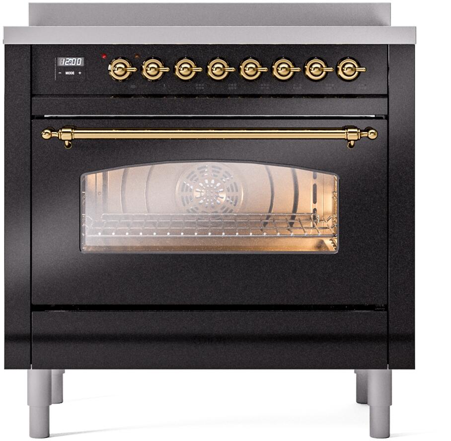ILVE Nostalgie II 36-Inch Freestanding Electric Induction Range, Glossy Black with Brass Trim (UPI366NMPBKG)