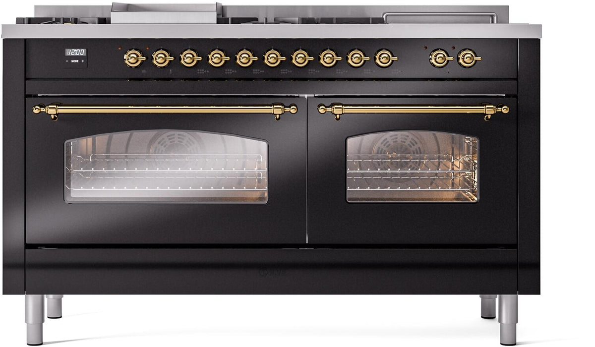 ILVE Nostalgie II 60-Inch Dual Fuel Range, 7 Burners, Griddle, French Top, Triple Glass Door, Glossy Black with Brass Trim (UP60FSNMPBKG)