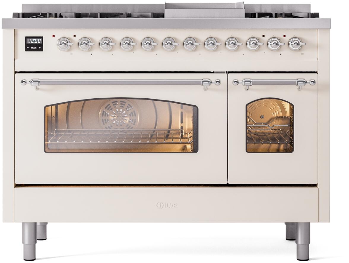 ILVE Nostalgie II 48-Inch Freestanding Natural Gas Dual Fuel Range, Antique White with Chrome Trim (UP48FNMPAWC)