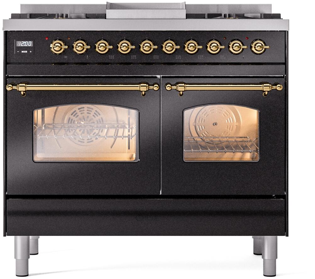 ILVE Nostalgie II 40-Inch Freestanding Natural Gas Dual Fuel Range, Glossy Black with Brass Trim (UPD40FNMPBKG)