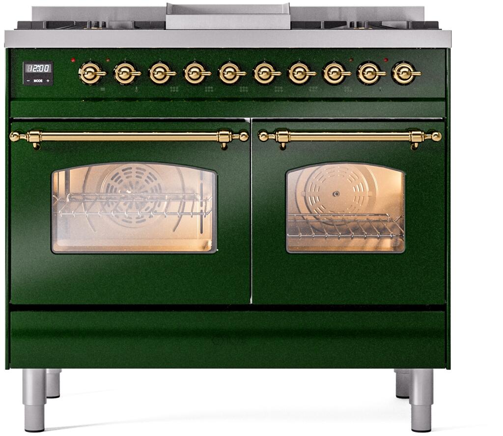 ILVE Nostalgie II 40-Inch Freestanding Dual Fuel Range, Emerald Green with Brass Trim (UPD40FNMPEGGLP)