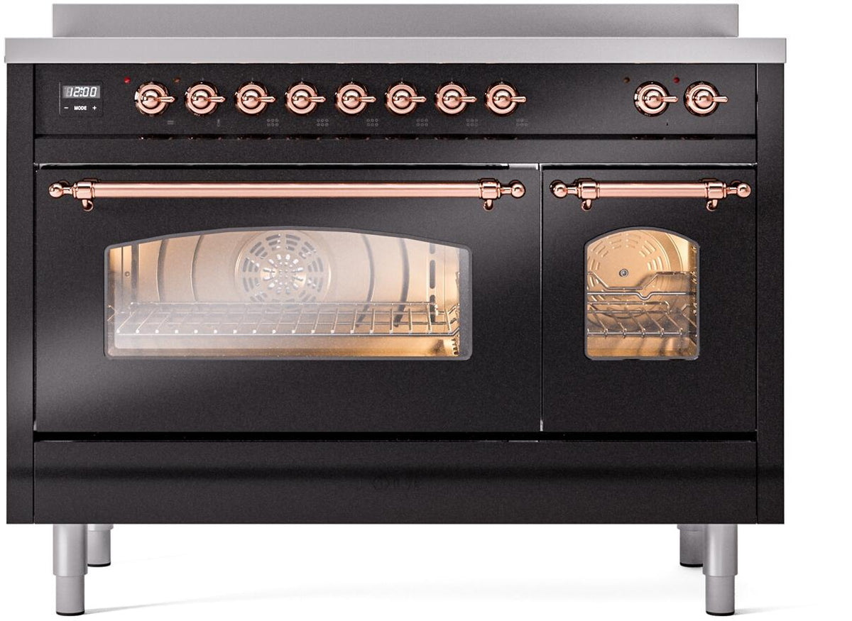 ILVE Nostalgie II 48-Inch Freestanding Electric Induction Range, Glossy Black with Copper Trim (UPI486NMPBKP)