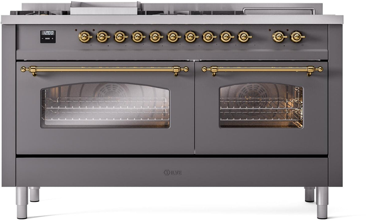 ILVE Nostalgie II 60-Inch NG Dual Fuel Range, 7 Burners, Griddle, French Top, Triple Glass Door, Matte Graphite with Brass Trim (UP60FSNMPMGG)