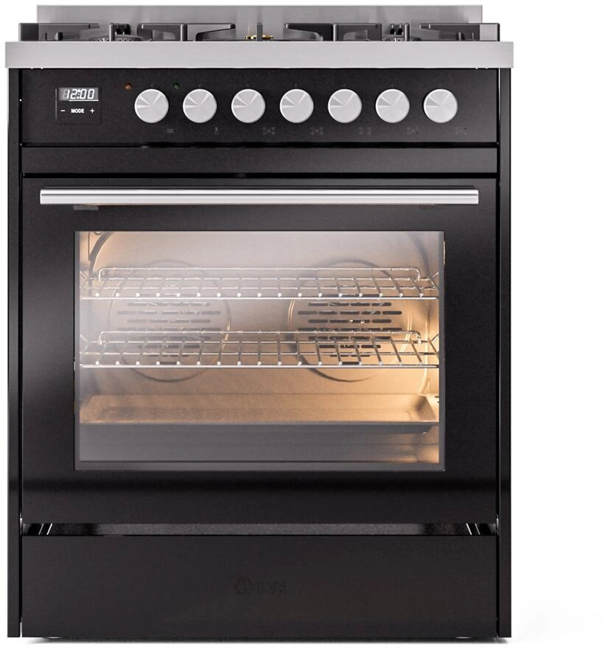 ILVE Professional Plus II 30-Inch Natural Gas Dual Fuel Range, 5 Burners, Glossy Black (UP30WMPBK)
