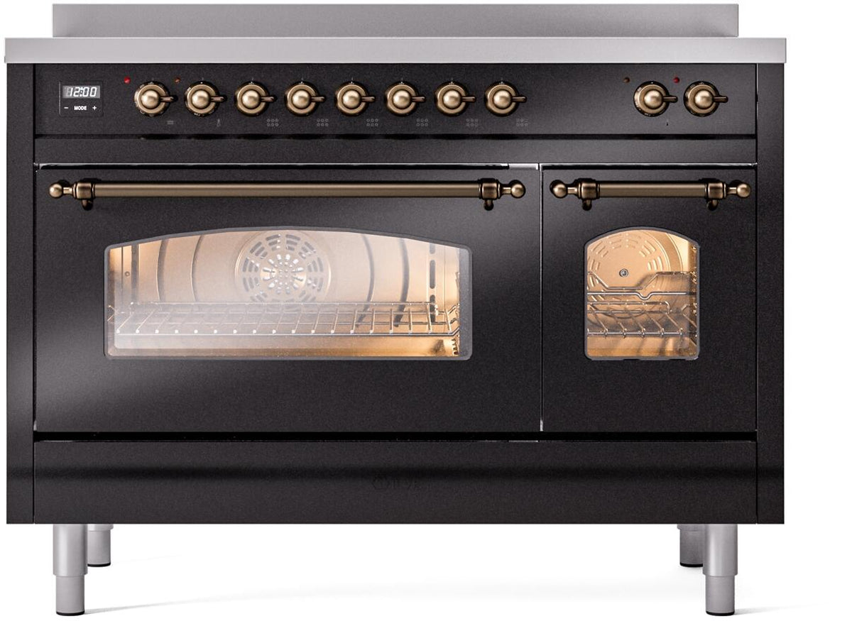 ILVE Nostalgie II 48-Inch Freestanding Electric Induction Range, Glossy Black with Burnished Bronze Trim (UPI486NMPBKB)