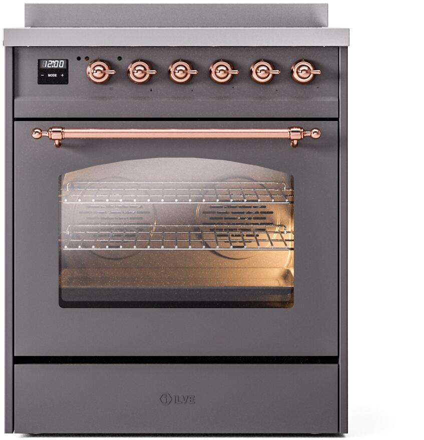 ILVE Nostalgie II 30-Inch Electric Induction Range, Freestanding, Matte Graphite with Copper Trim (UPI304NMPMGP)