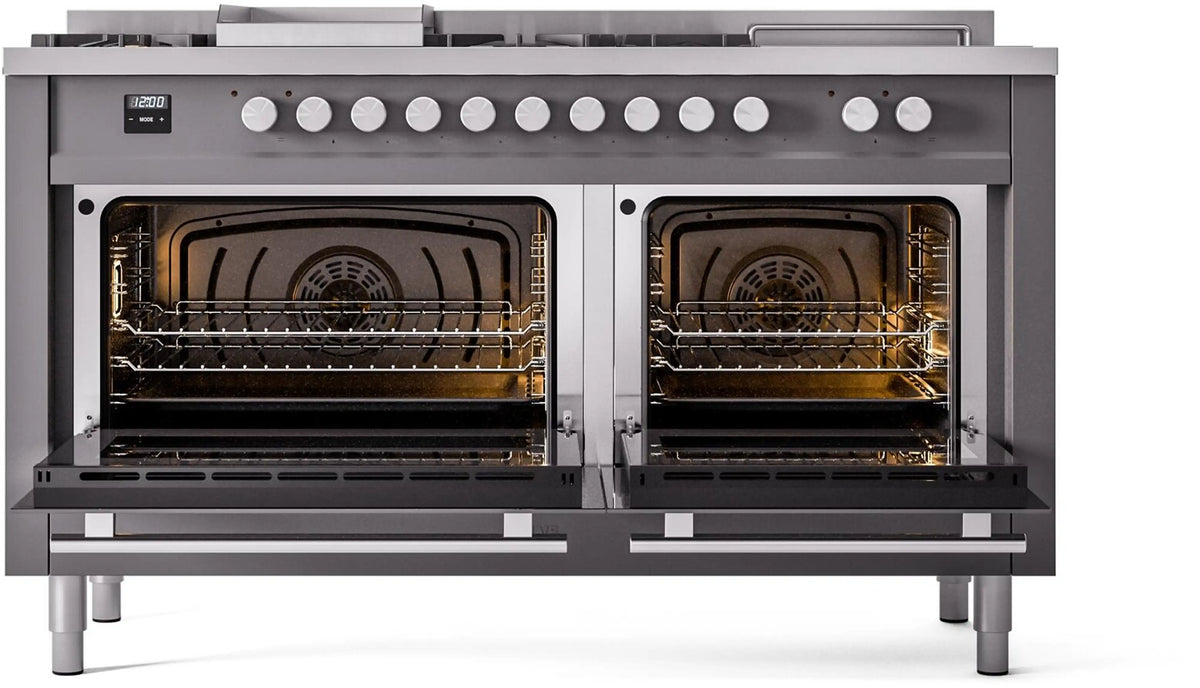ILVE Professional Plus II 60-Inch Natural Gas Dual Fuel Range, 7 Burners, Griddle, French Top, Triple Glass Door, Matte Graphite (UP60FSWMPMG)