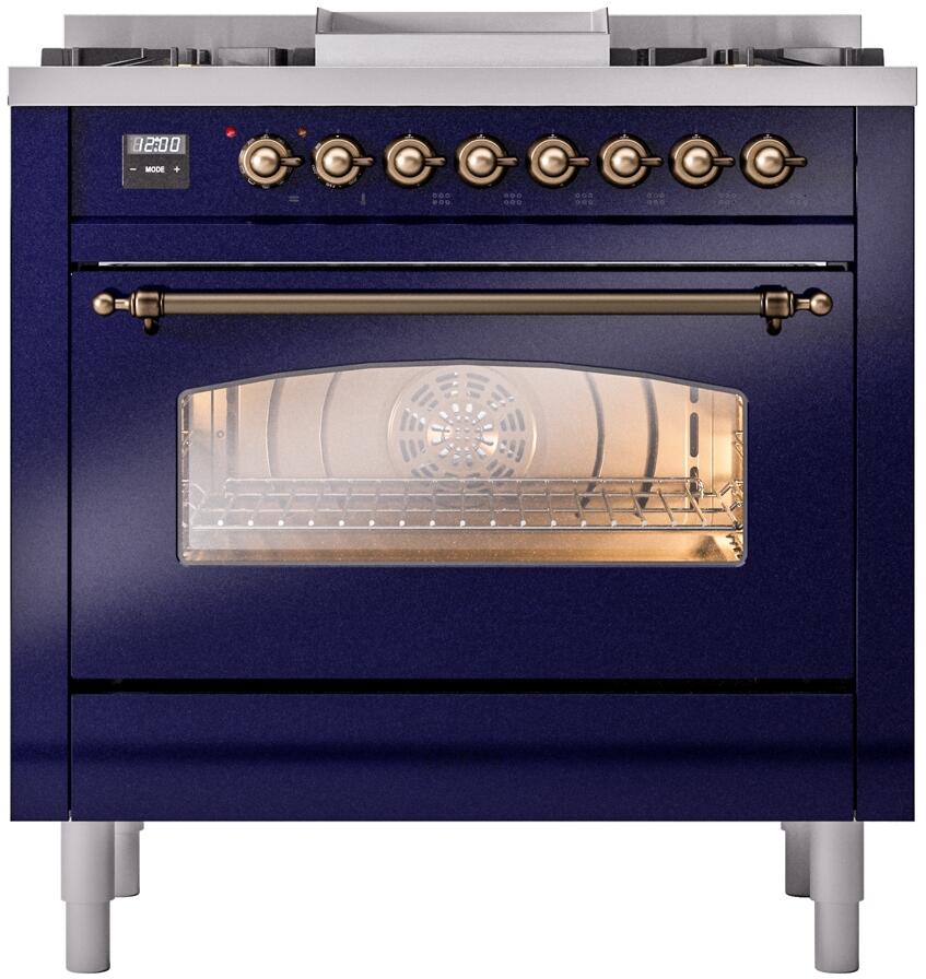 ILVE Nostalgie II 36-Inch Freestanding Natural Gas Dual Fuel Range, Midnight Blue with Burnished Bronze Trim (UP36FNMPMBB)