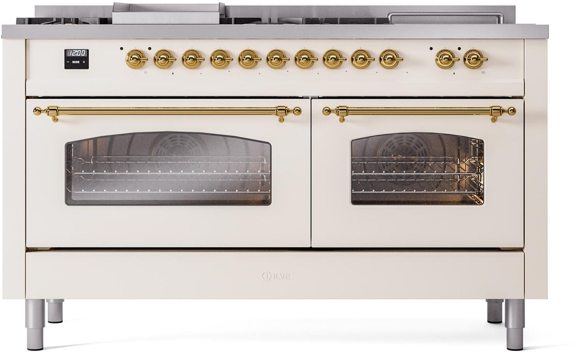 ILVE Nostalgie II 60-Inch Propane Dual Fuel Range, 7 Burners, Griddle, French Top, Triple Glass Door, Antique White with Brass Trim (UP60FSNMPAWGLP)