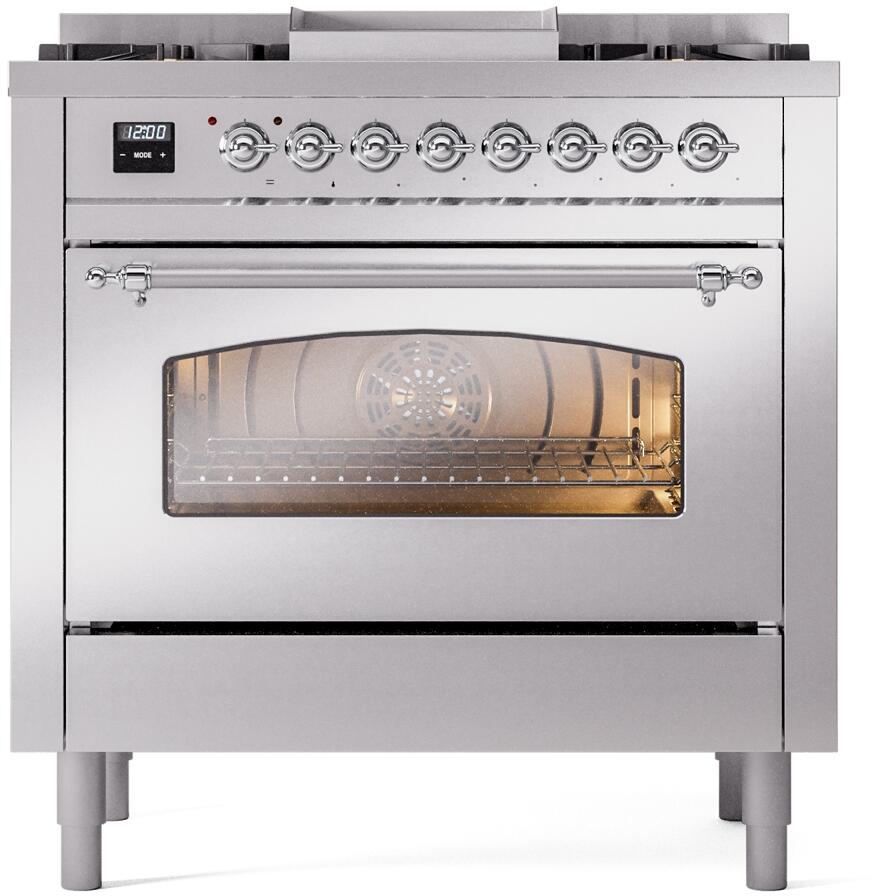 ILVE Nostalgie II 36-Inch Freestanding Dual Fuel Range, Stainless Steel with Chrome Trim (UP36FNMPSSCLP)