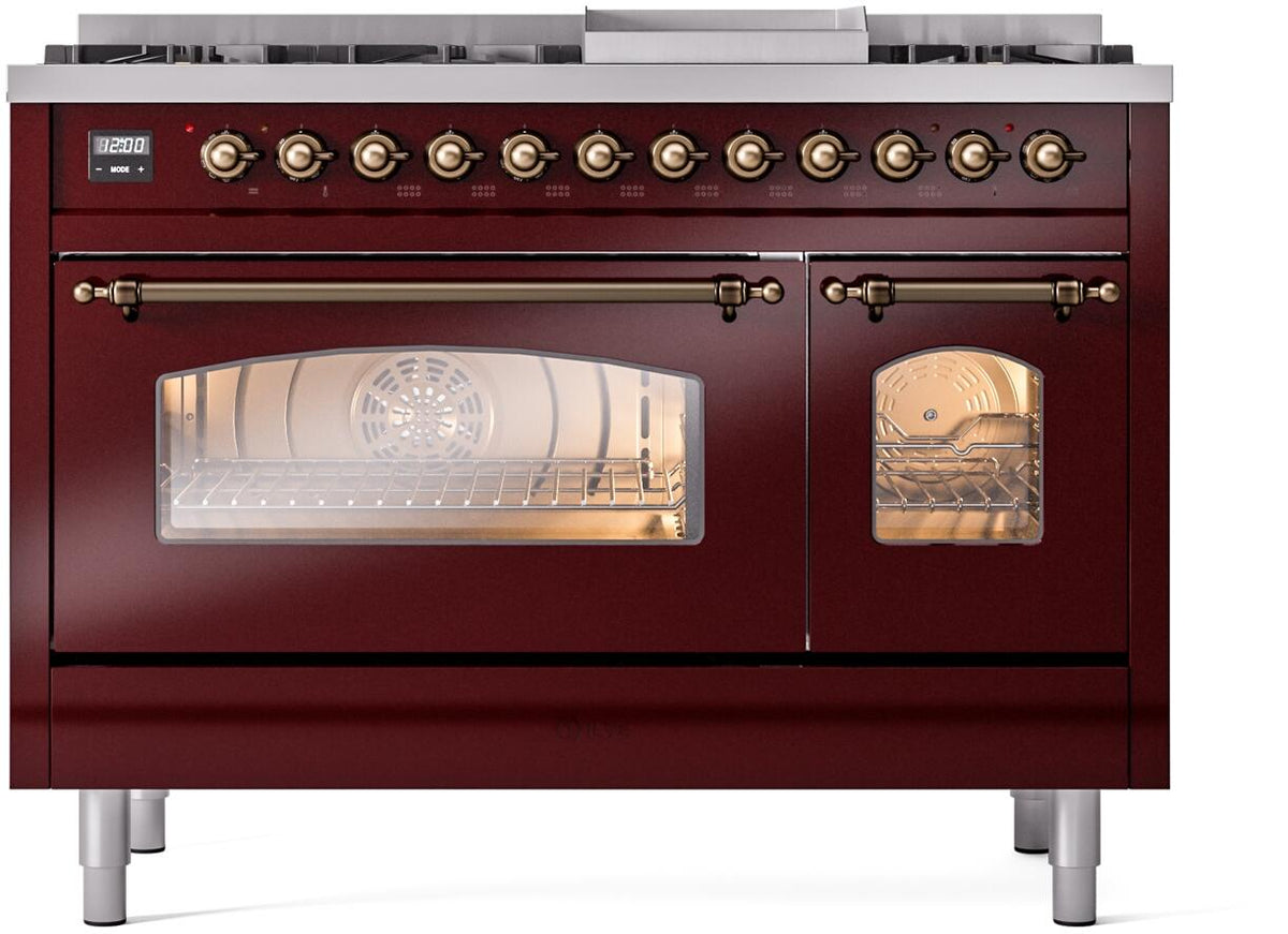 ILVE Nostalgie II 48-Inch Freestanding Natural Gas Dual Fuel Range, Burgundy with Burnished Bronze Trim (UP48FNMPBUB)