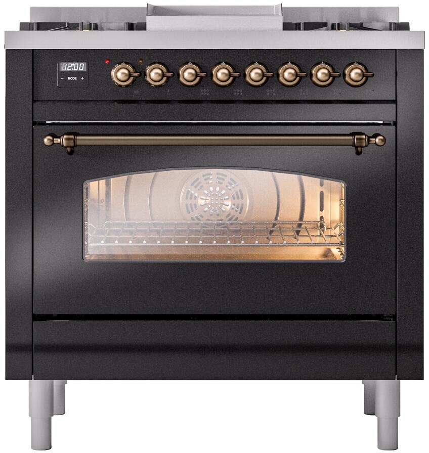 ILVE Nostalgie II 36-Inch Freestanding Dual Fuel Range, Glossy Black with Burnished Bronze Trim (UP36FNMPBKBLP)