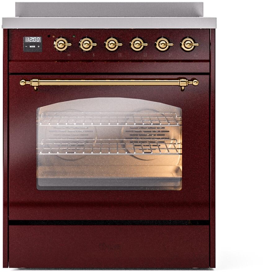 ILVE Nostalgie II 30-Inch Electric Induction Range, Freestanding, Burgundy with Brass Trim (UPI304NMPBUG)