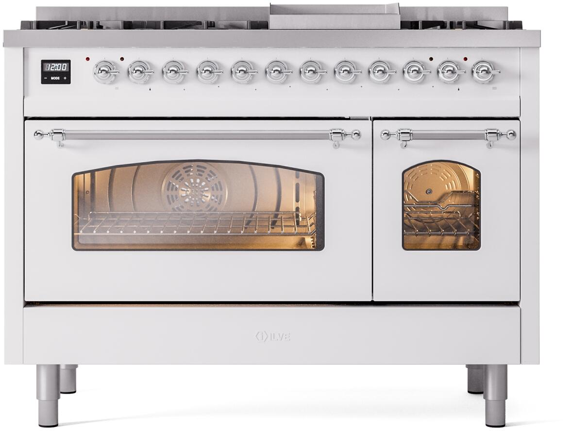 ILVE Nostalgie II 48-Inch Freestanding Natural Gas Dual Fuel Range, White with Chrome Trim (UP48FNMPWHC)