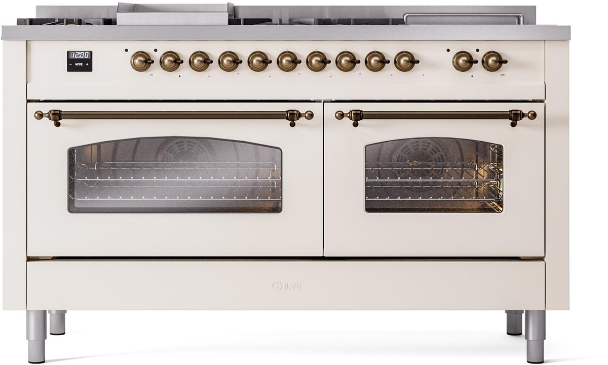 ILVE Nostalgie II 60-Inch Propane Dual Fuel Range, 7 Burners, Griddle, French Top, Antique White with Burnished Bronze Trim (UP60FSNMPAWBLP)