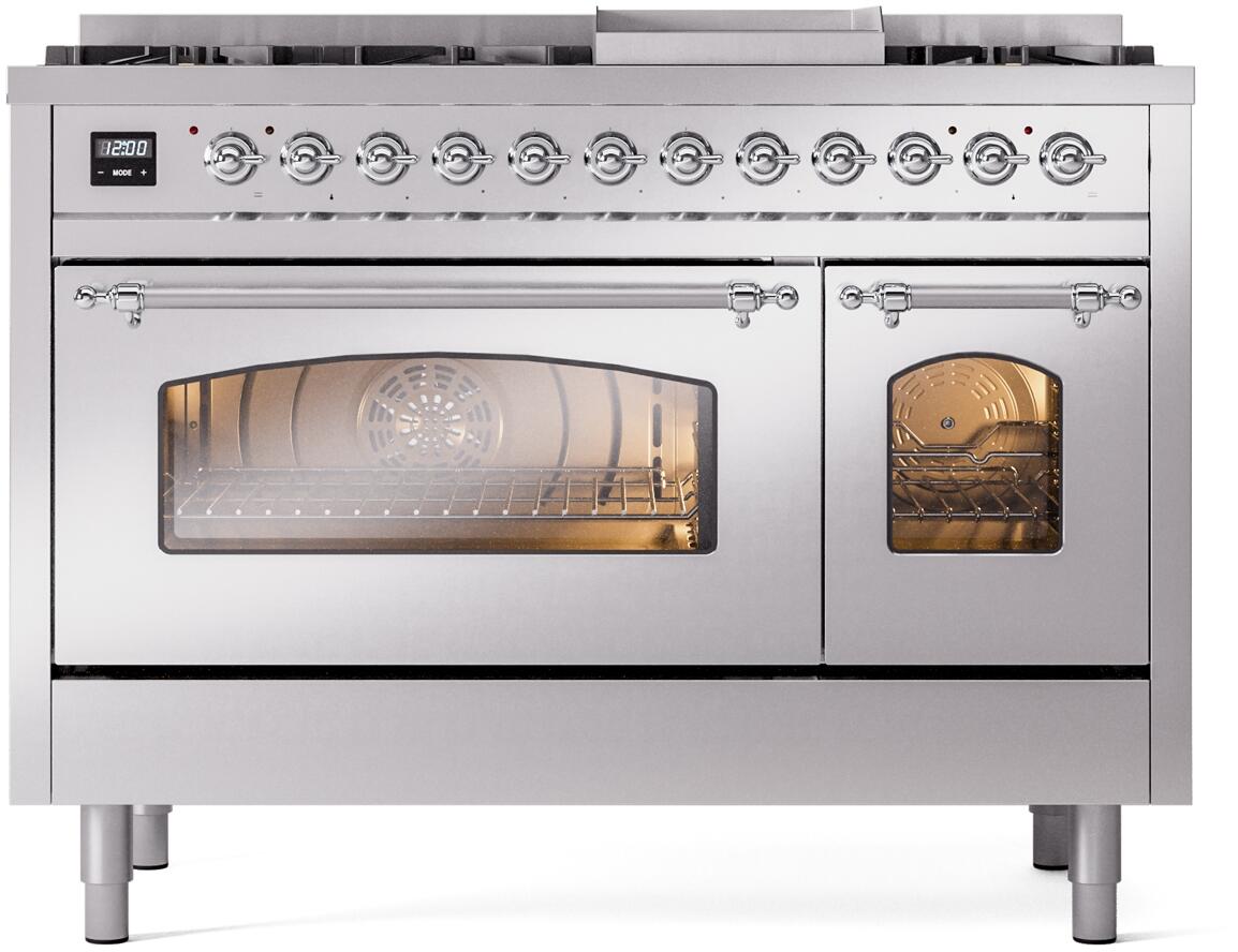 ILVE Nostalgie II 48-Inch Freestanding Natural Gas Dual Fuel Range, Stainless Steel with Chrome Trim (UP48FNMPSSC)