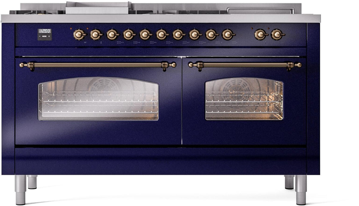 ILVE Nostalgie II 60-Inch Natural Gas Dual Fuel Range, 7 Burners, Griddle, French Top, Midnight Blue with Burnished Bronze Trim (UP60FSNMPMBB)