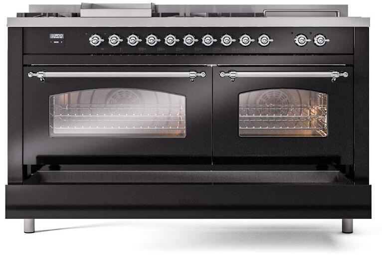 ILVE Nostalgie II 60-Inch Natural Gas Dual Fuel Range, 7 Burners, Griddle, French Top, Triple Glass Door, Glossy Black with Chrome Trim (UP60FSNMPBKC)