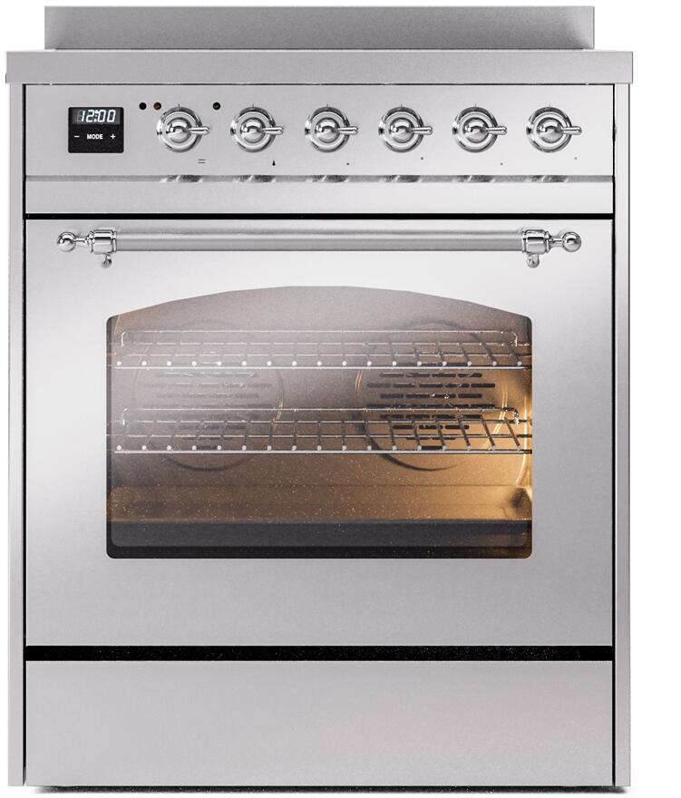 ILVE Nostalgie II 30-Inch Electric Induction Range, Freestanding, Stainless Steel with Chrome Trim (UPI304NMPSSC)