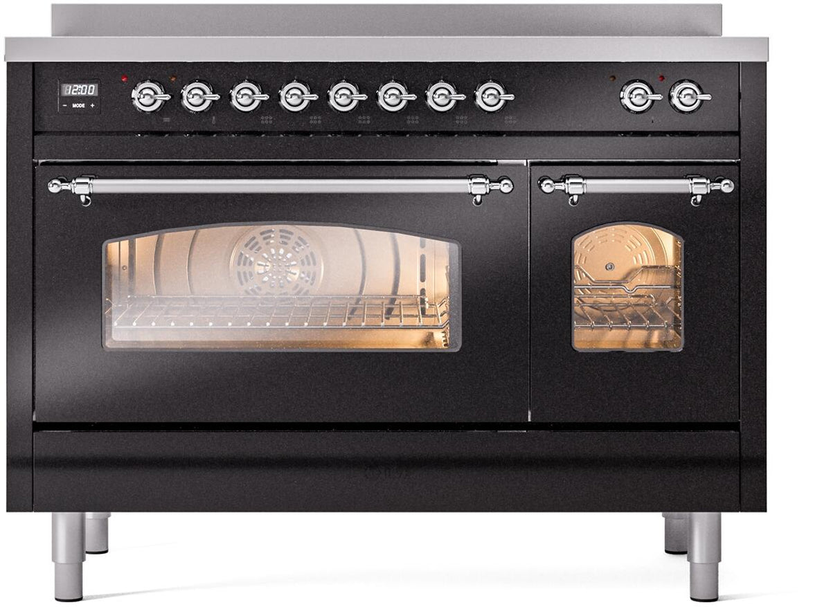 ILVE Nostalgie II 48-Inch Freestanding Electric Induction Range, Glossy Black with Chrome Trim (UPI486NMPBKC)