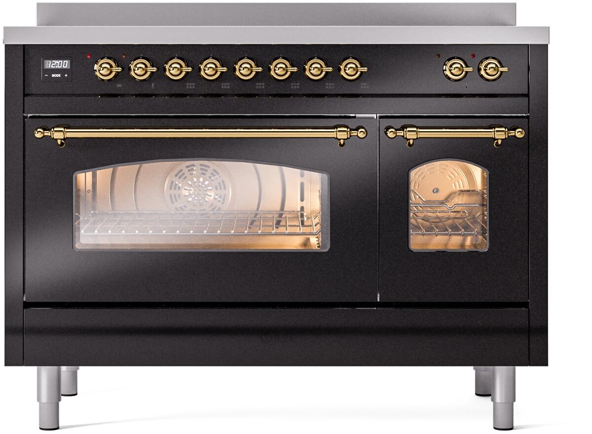 ILVE Nostalgie II 48-Inch Freestanding Electric Induction Range, Glossy Black with Brass Trim (UPI486NMPBKG)