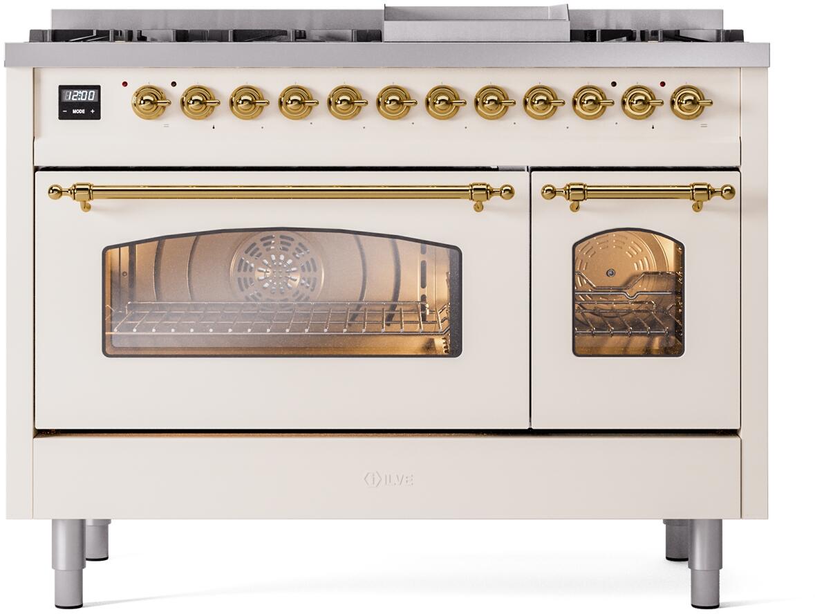 ILVE Nostalgie II 48-Inch Freestanding Natural Gas Dual Fuel Range, Antique White with Brass Trim (UP48FNMPAWG)