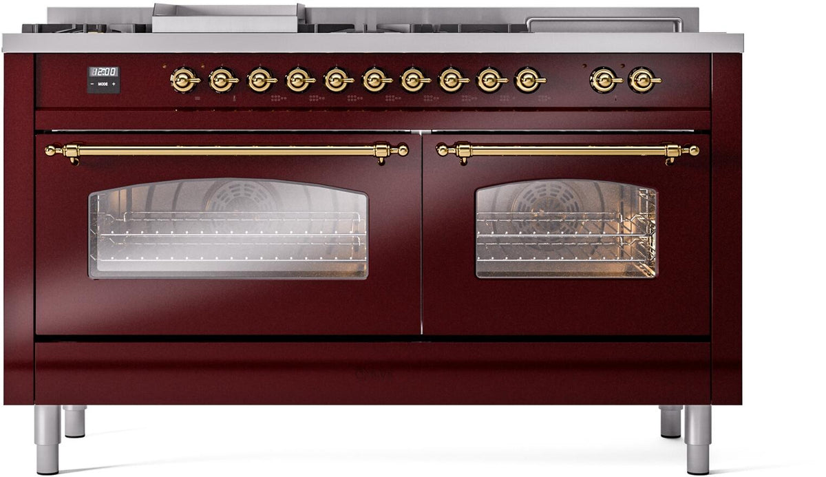 ILVE Nostalgie II 60-Inch Dual Fuel Range, 7 Burners, Griddle, French Top, Triple Glass Door, Burgundy with Brass Trim (UP60FSNMPBUG)