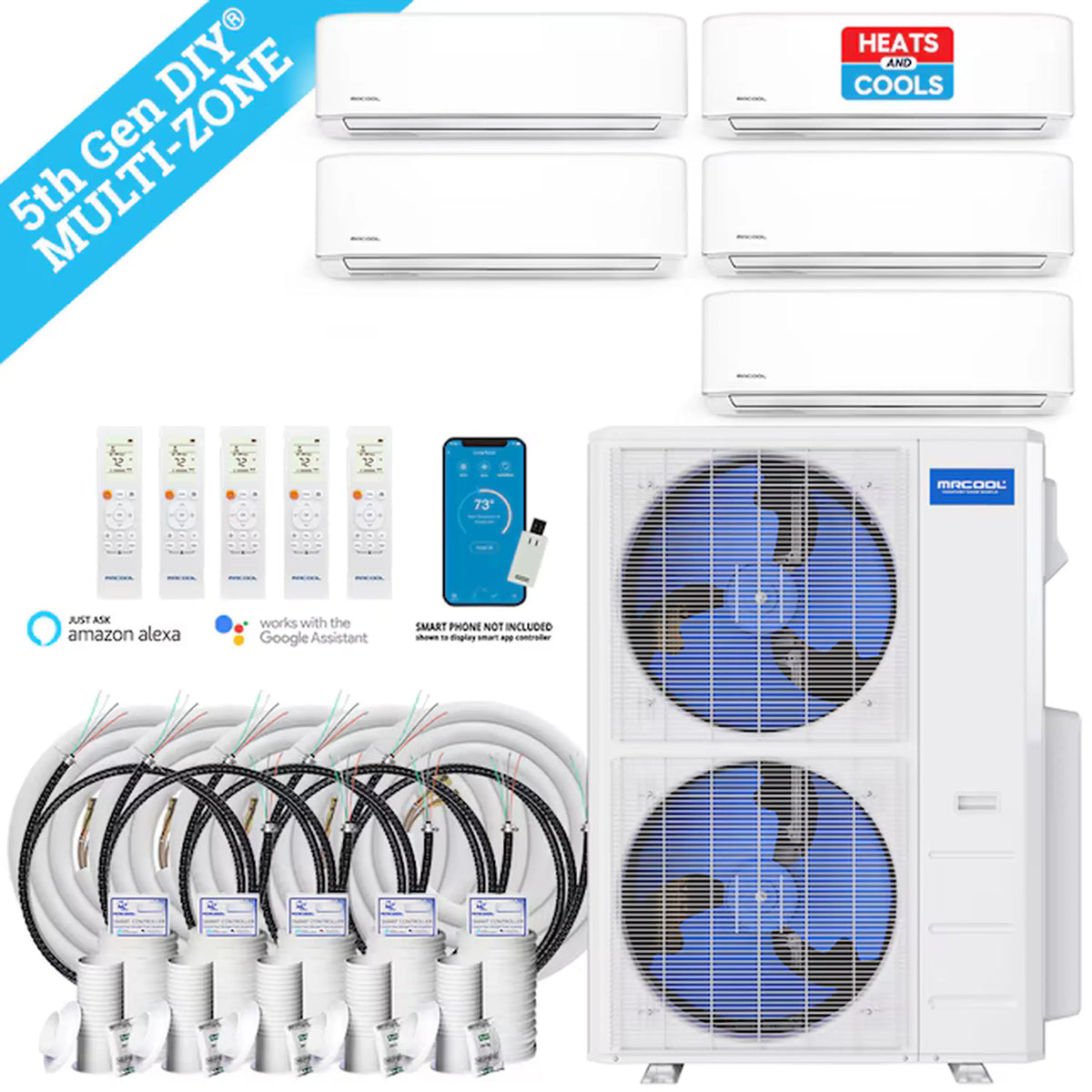 MRCOOL DIY 5th Gen 55,000 BTU 5-Zone Ductless Mini Split Air Conditioner and Heat Pump with 9K+9K+9K+9K+9K BTU Wall Mount Indoor Units