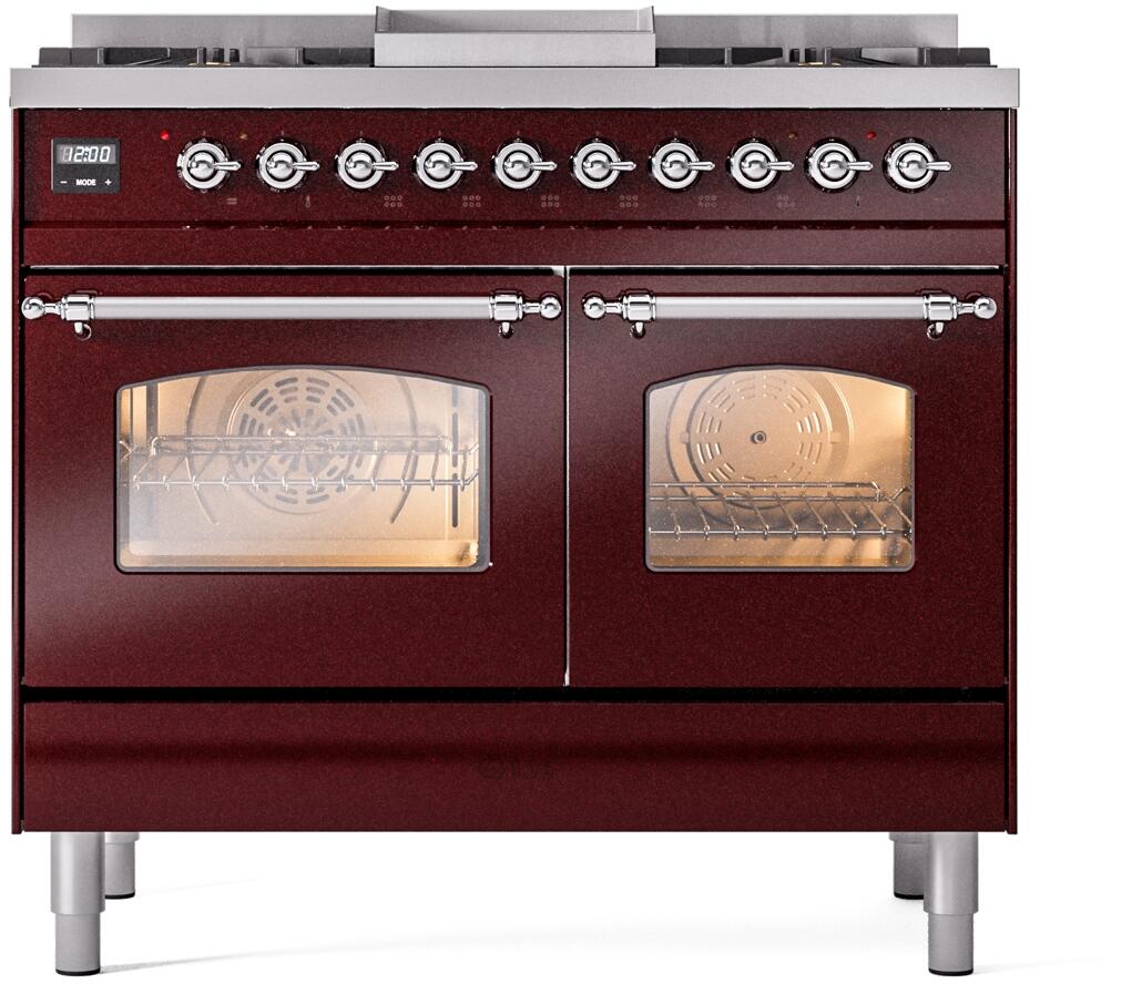 ILVE Nostalgie II 40-Inch Freestanding Natural Gas Dual Fuel Range, Burgundy with Chrome Trim (UPD40FNMPBUC)