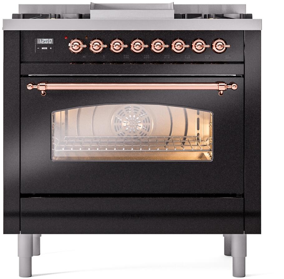 ILVE Nostalgie II 36-Inch Freestanding Natural Gas Dual Fuel Range, Glossy Black with Copper Trim (UP36FNMPBKP)