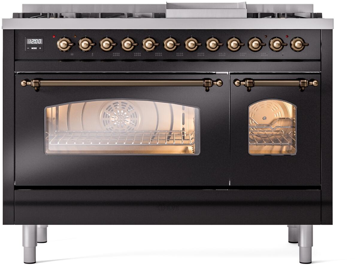 ILVE Nostalgie II 48-Inch Freestanding Natural Gas Dual Fuel Range, Glossy Black with Burnished Bronze Trim (UP48FNMPBKB)