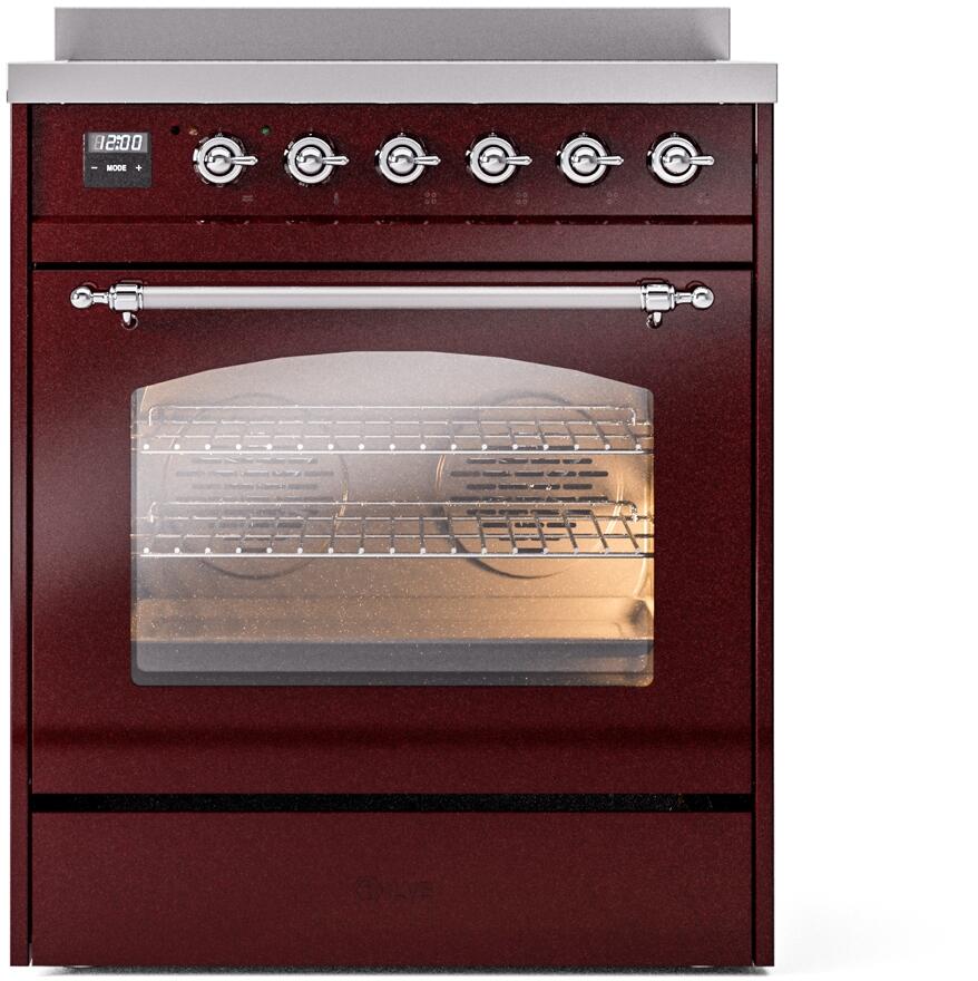ILVE Nostalgie II 30-Inch Electric Induction Range, Freestanding, Burgundy with Chrome Trim (UPI304NMPBUC)
