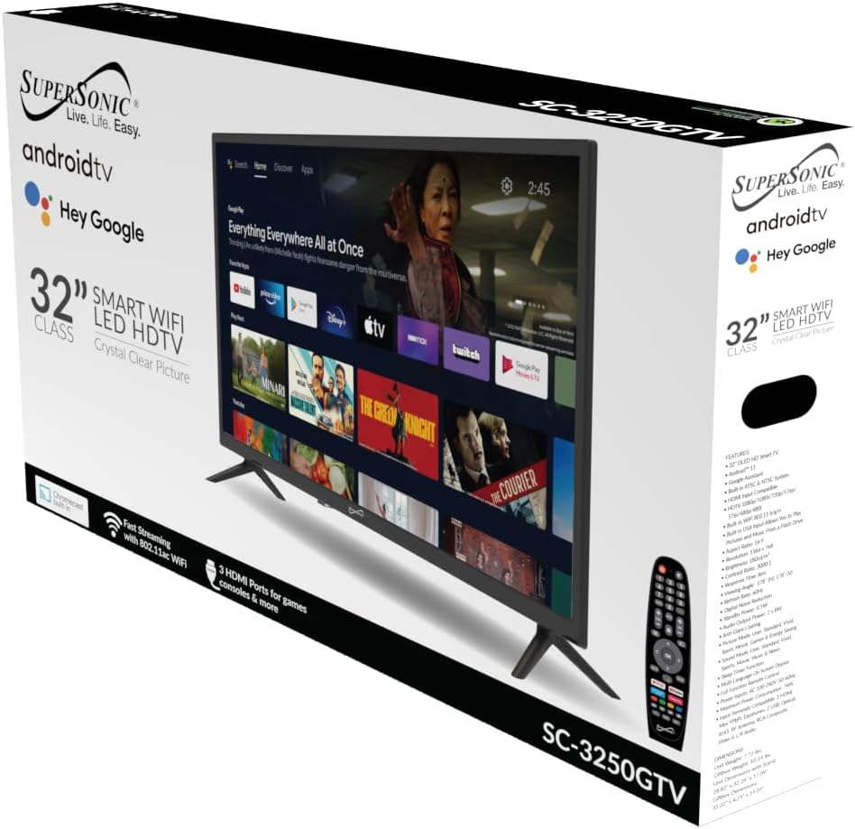 Supersonic 32-Inch 1080p FHD DLED Smart Google TV, Wi-Fi, Bluetooth, HDMI (SC-3250GTV)